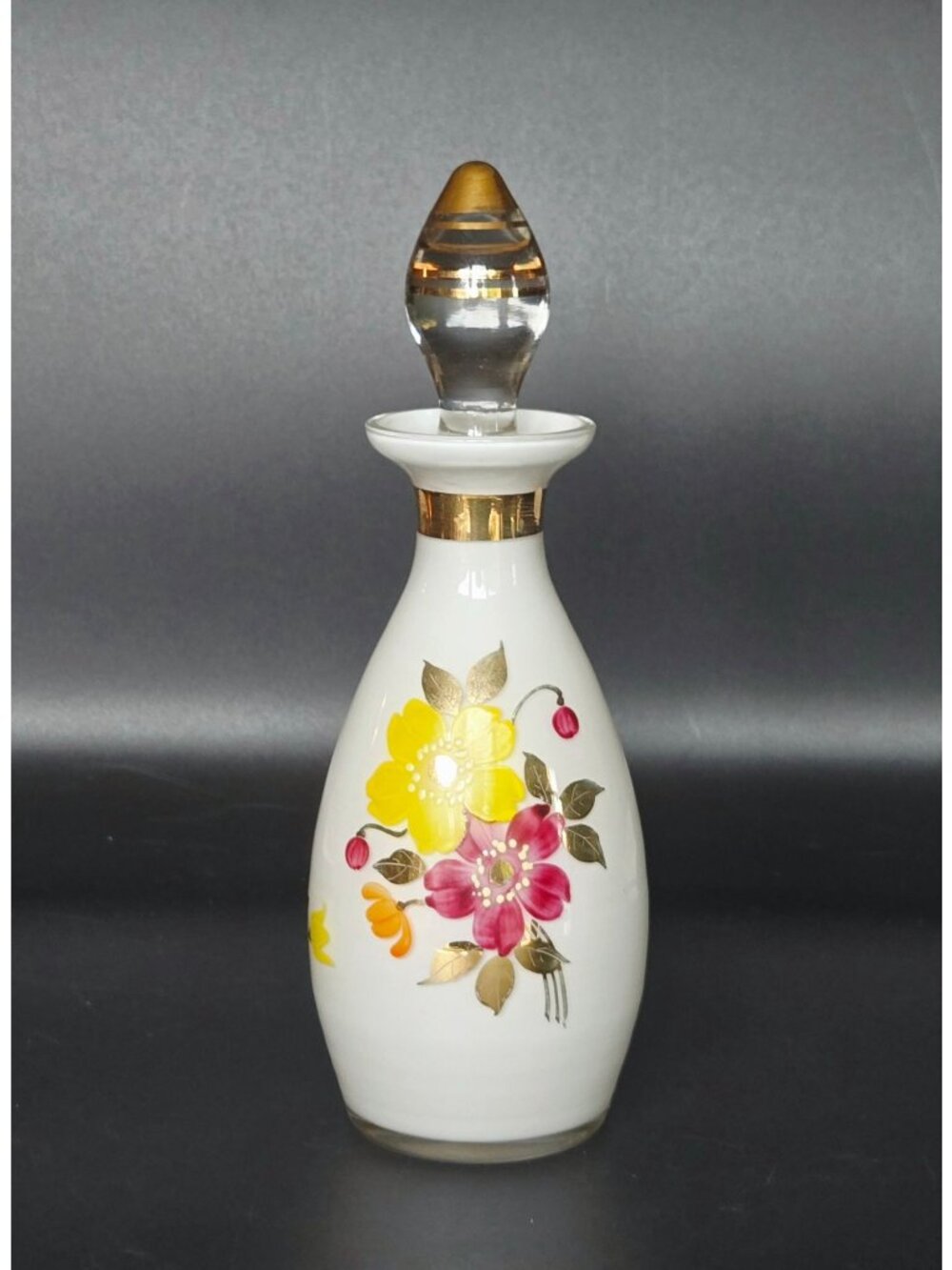 Hand-Painted Czech Floral Glass Perfume Bottle Gold Accents & Glass Stopper 7 in